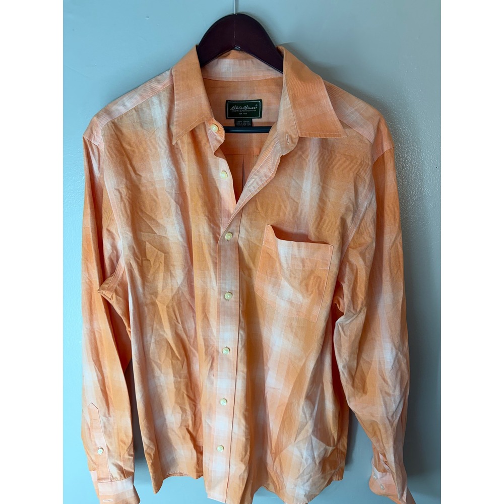 Eddie Bauer Mens Orange White Plaid Long Sleeve Button Down Cotton Shirt Large